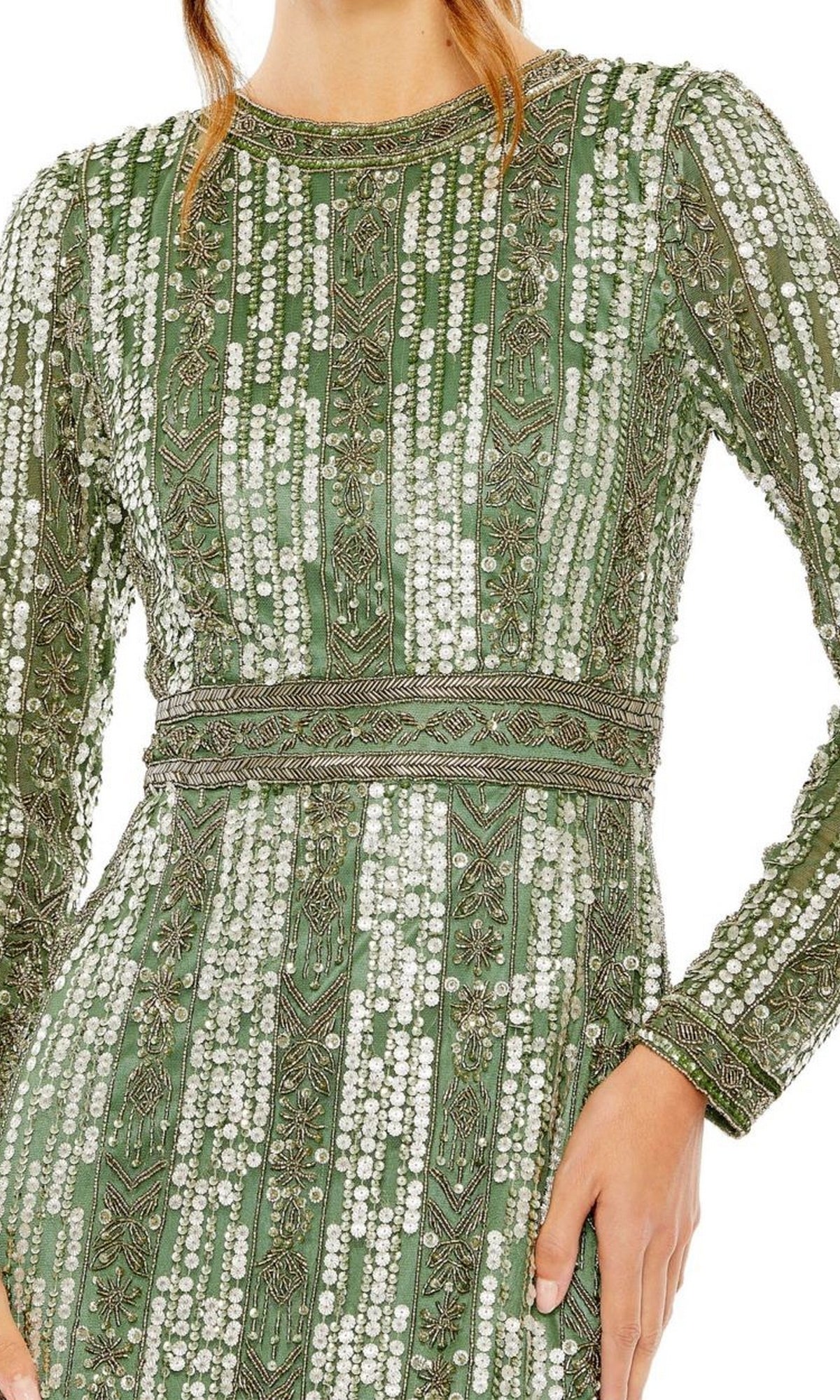 A person wears the Long Formal Dress 5981 by Mac Duggal in green, featuring long sleeves, intricate white beading, and geometric patterns, shown from shoulders to hips.